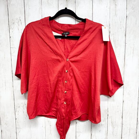 Style Envy Blouse Women Size Medium Red V-Neck Short Sleeve Button Down FrontTie - Picture 1 of 6